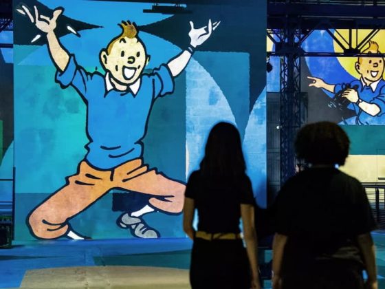 Dessin de Tintin projeté sur un mur lors de Tintin l'expo immersive à l'Atelier des Lumières