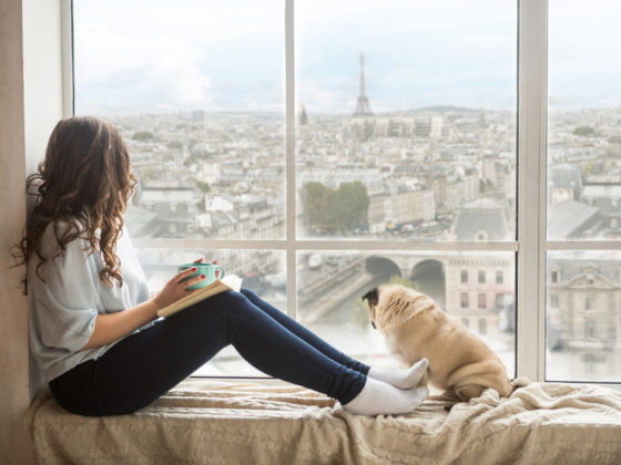 Femme et son chien contemplant la vue sur Paris © Iryna Kalamurza